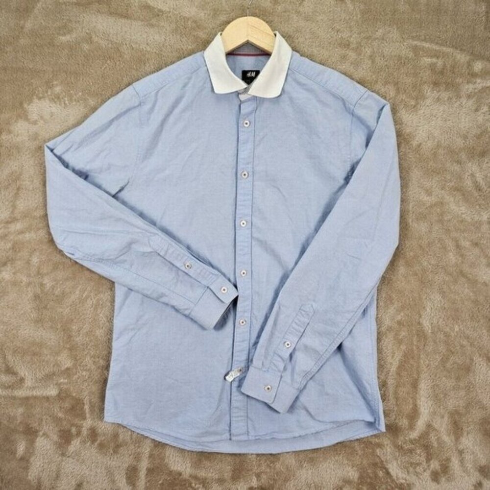 H&M Denim Look Shirt Men's Size M Blue Contrast Collar Long Sleeve Button Down